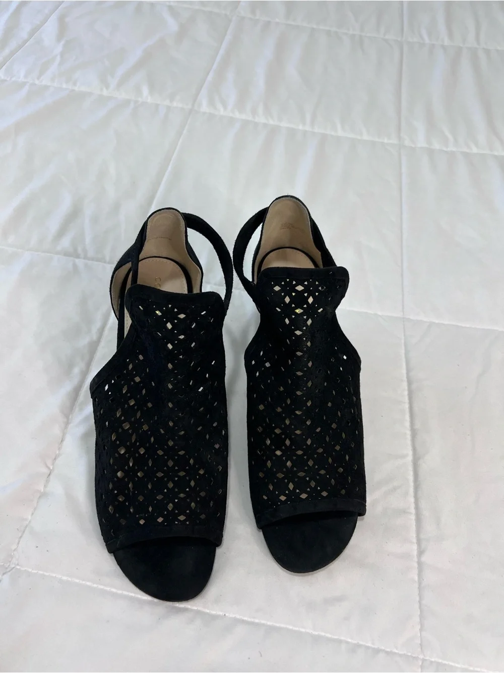 Cole Haan Black Laser-Cut Suede Wedge Sandals size 9